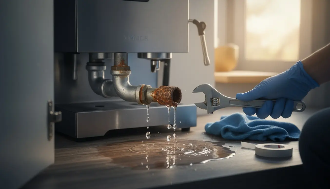 Utæt, rustent rør under en kaffemaskine drypper og danner en stor vandpyt i et åbent køkkenskab.