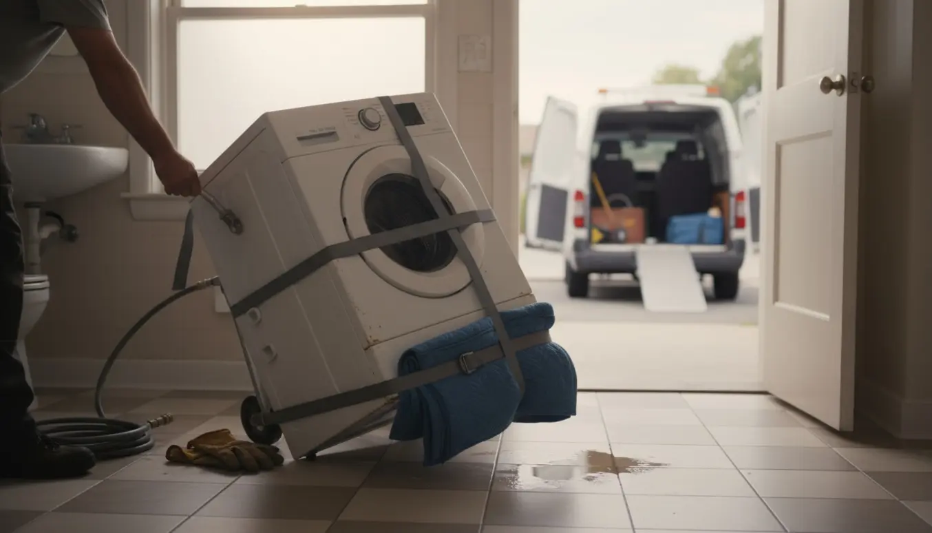 En person trækker en udtjent vaskemaskine på en håndtruck gennem en åben badeværelsesdør mod en varevogn.