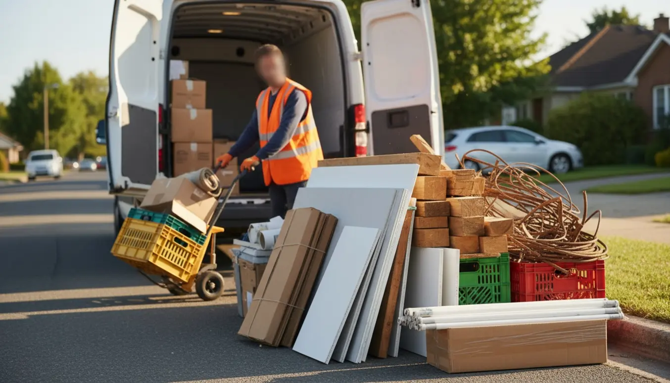 Åben varevogn ved kantsten med samlet byggeaffald (pap, gips, træ, plastik, metal) klar til afhentning.