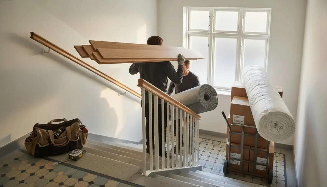 To håndværkere bærer gulvbrædder og byggematerialer op ad en lys lejlighedstrappe, ansigter ikke synlige.
