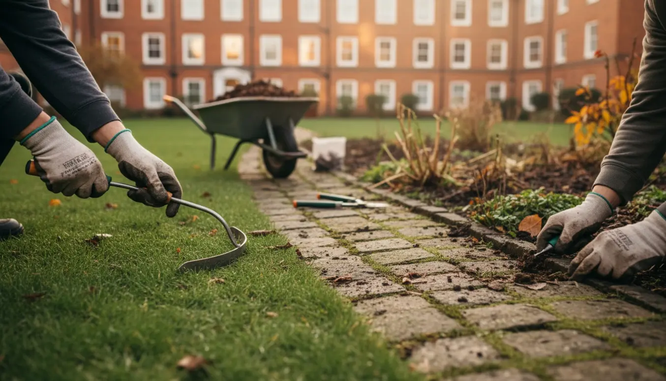 Havearbejde ved et internat med kanter, ukrudt mellem fliser og forberedelse af bede til vinter.