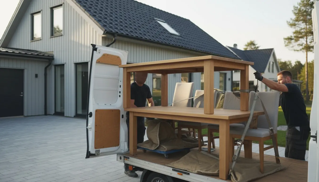 Et egetræs spisebord og fire stole bliver pakket og lagt ind i en åben varevogn foran et parcelhus.
