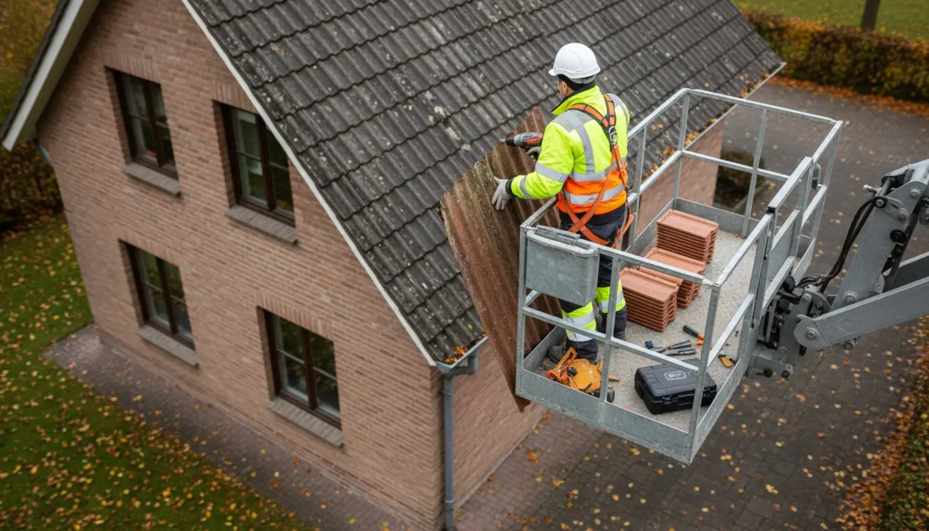 En tømrer i lift afmonterer en tagplade med skruemaskine under en taginspektion ved en to-etagers ejendom.