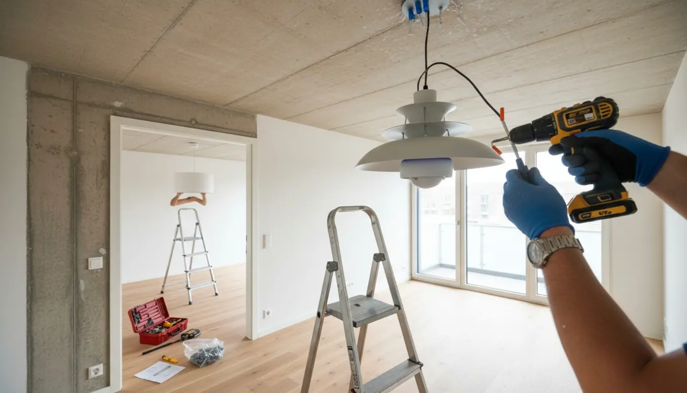 Hænder monterer en PH-loftlampe i en nybygget lejlighed, med en anden lampe ved at blive opsat i soveværelset.