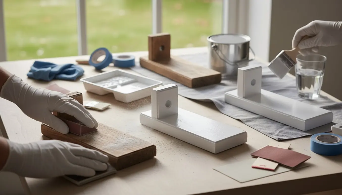 Fire gamle træhyldeknægte under istandsættelse: én slibes, én er primet, én males hvid, og én ligger færdigmalet til tørring.