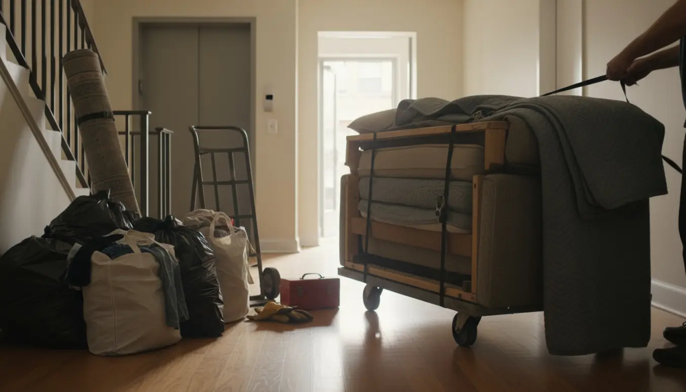 Demonteret sofa, rullet tæppe og poser med tøj og affald i opgang foran åben elevator, klar til at blive kørt væk.