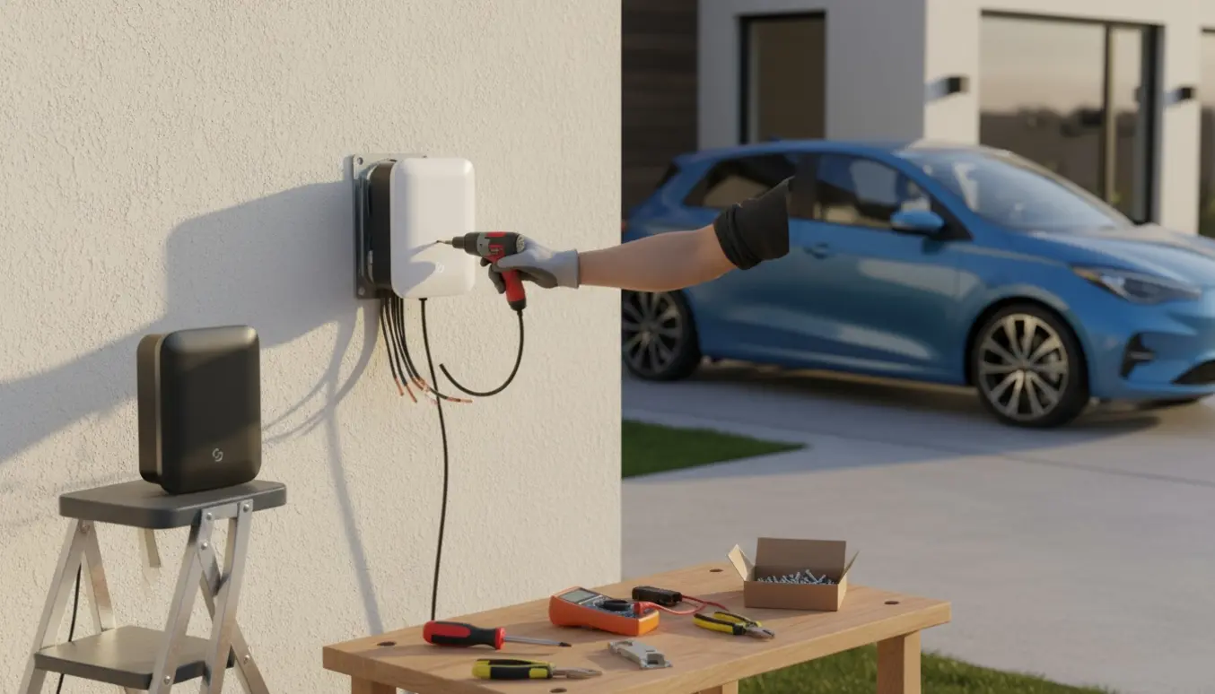 Hands-on installation af en vægmonteret elbilslader ved huset med værktøj og køretøj i baggrunden.