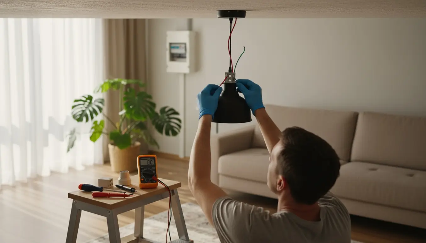Hænder på en stige reparerer en loftlampe med multimeter og værktøj.