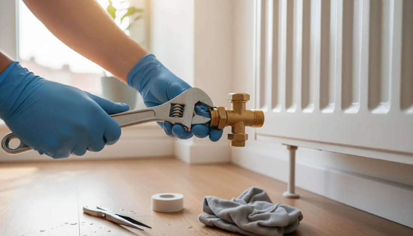 Nærbillede af hænder, der udskifter radiatorventil bag termostathoved med skruenøgle og ny ventil.