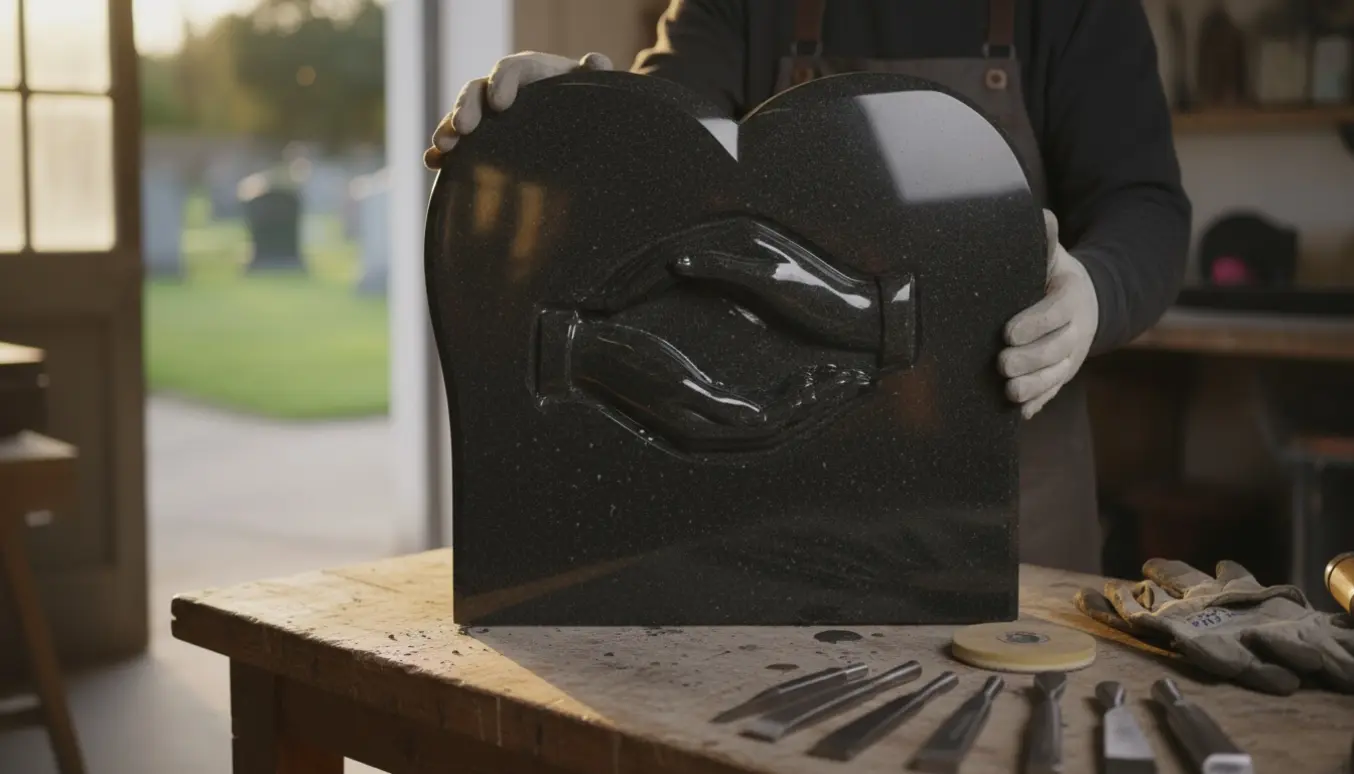 Sort poleret hjerteformet gravsten i granit med hænder i relief på en arbejdsbænk i blødt sollys.