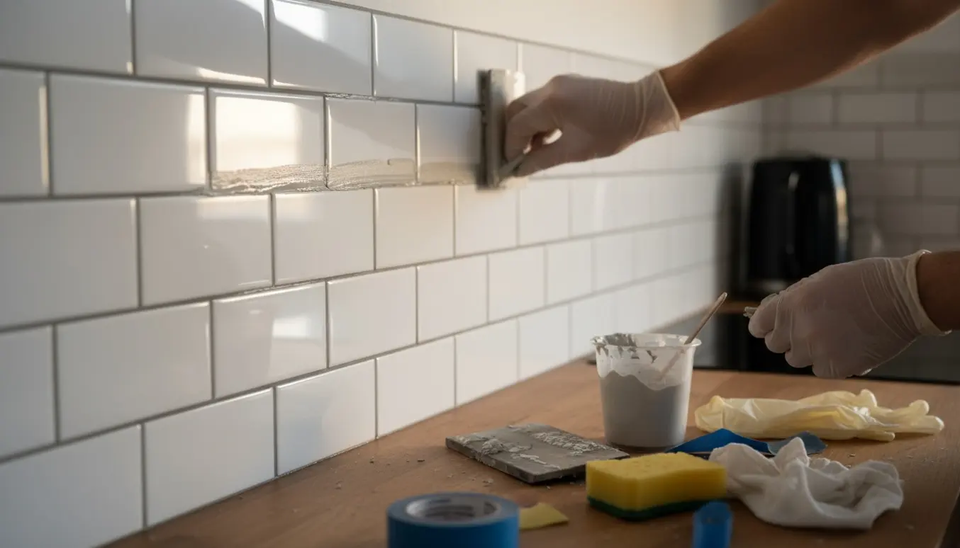 Handskerede hænder påfører epoxyfuge mellem hvide metrofliser på en køkkenbagvæg med værktøj på bordet.