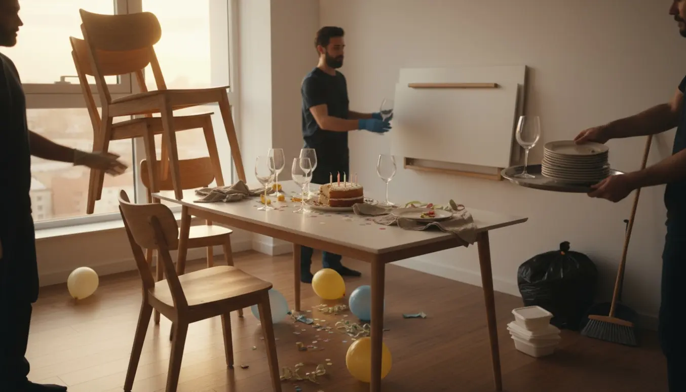 Hænder rydder op efter middag i en lejlighed med stole stablet og tallerkener samlet på en bakke.