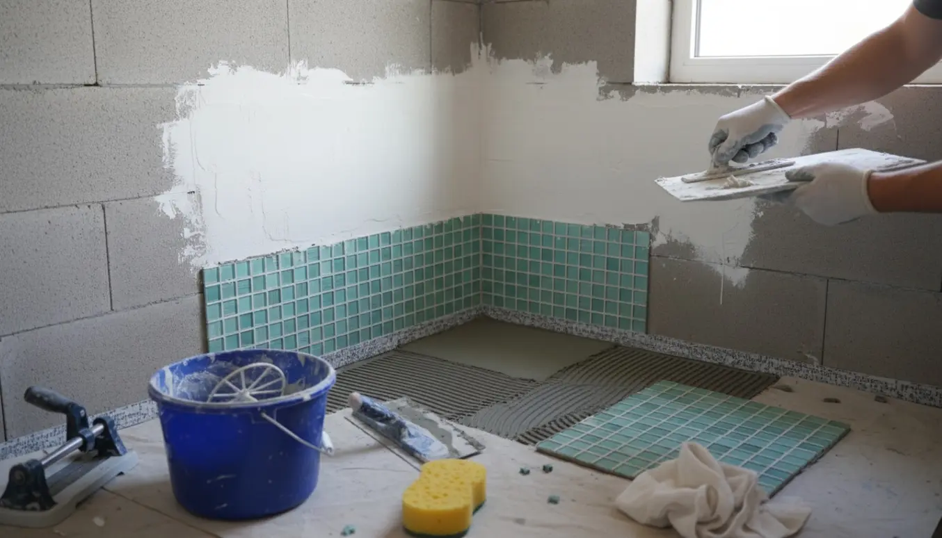 Gæstetoilet under renovering med pudsede gasbetonvægge, glasmosaik på gulv og vægge og værktøj til opsætning.