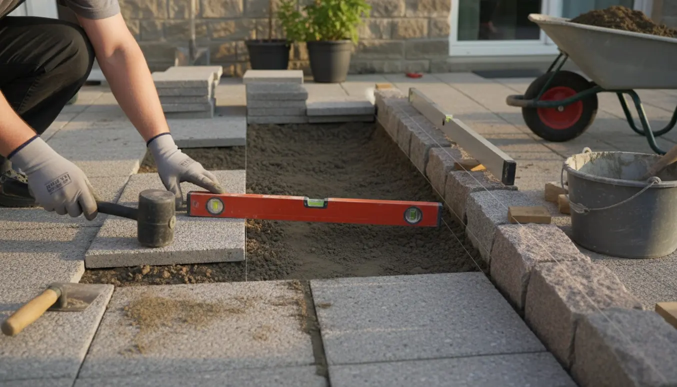 Reparation af terrasse med stabile fliser og granitkantsten, håndværkerens hænder arbejder med mørtel og værktøj.