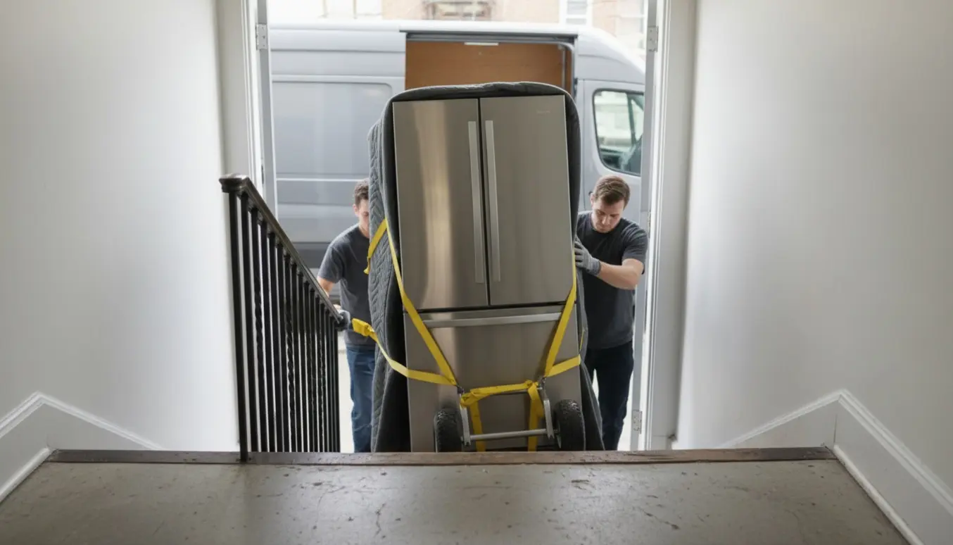 Et køleskab bæres ned ad trappen fra 2. sal mod en varevogn parkeret ved indgangen.