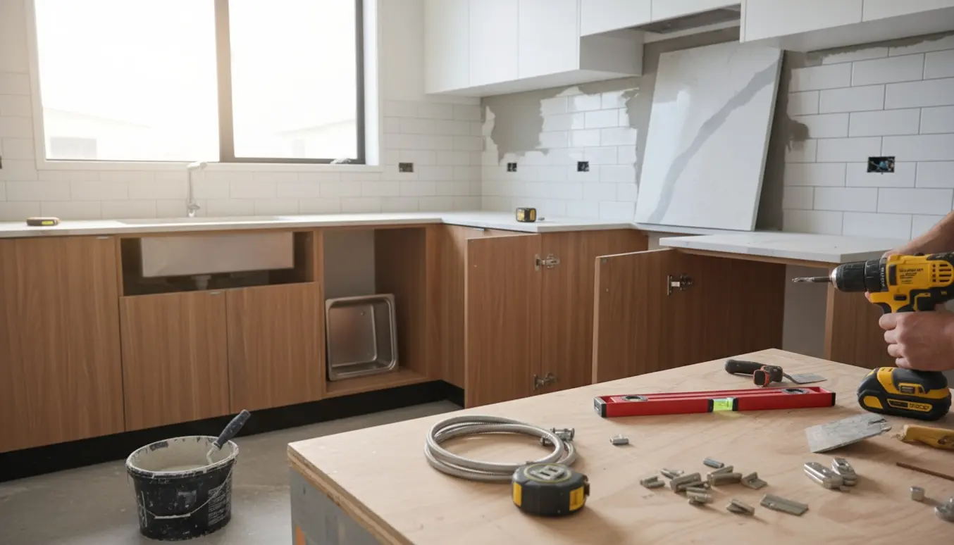 Delvist monteret nyt køkken med håndværkerhænder, værktøj og byggematerialer i blødt dagslys.