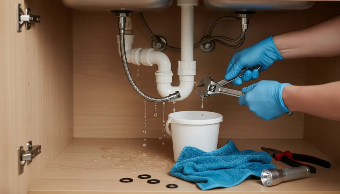 Utætheder under køkkenvask med dryppende hvidt afløbsrør og løs udtræksslange, en spand opsamler vand.