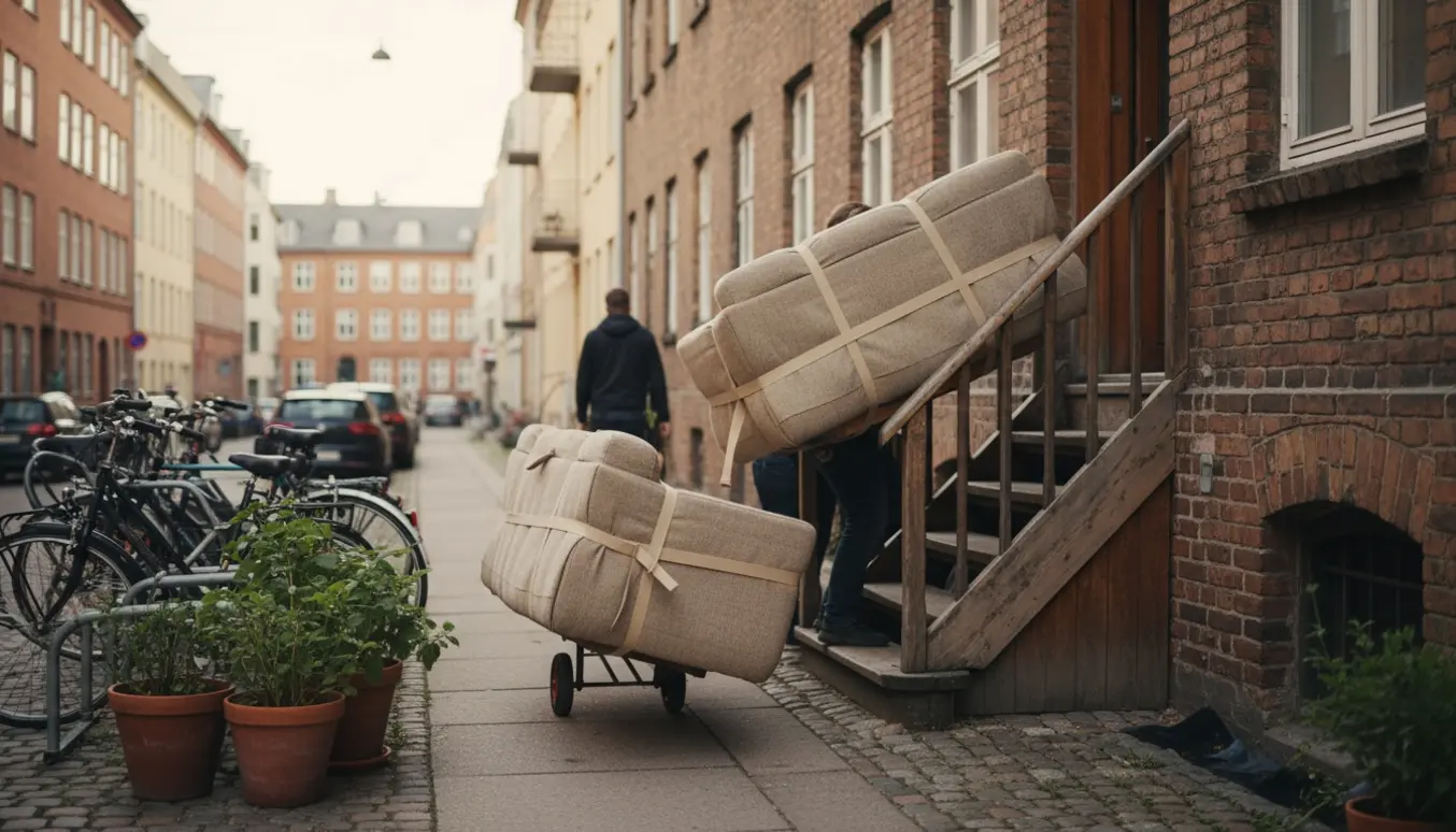 To personer transporterer en delt sofa ind og ud af en opgang på en stille Vesterbro-gade.