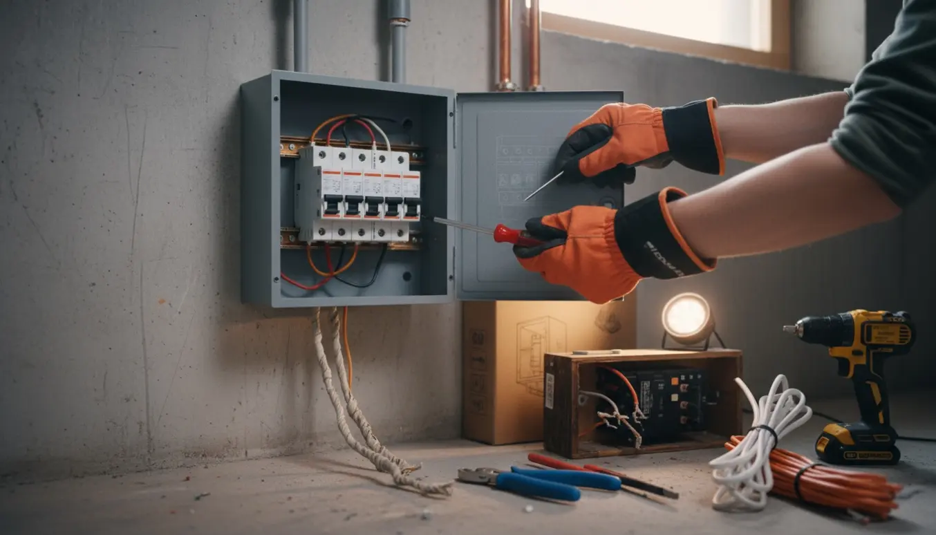 Hænder med isolerede handsker udskifter en gammel eltavle med en ny tavle i en kælder, med værktøj og kabler synlige.