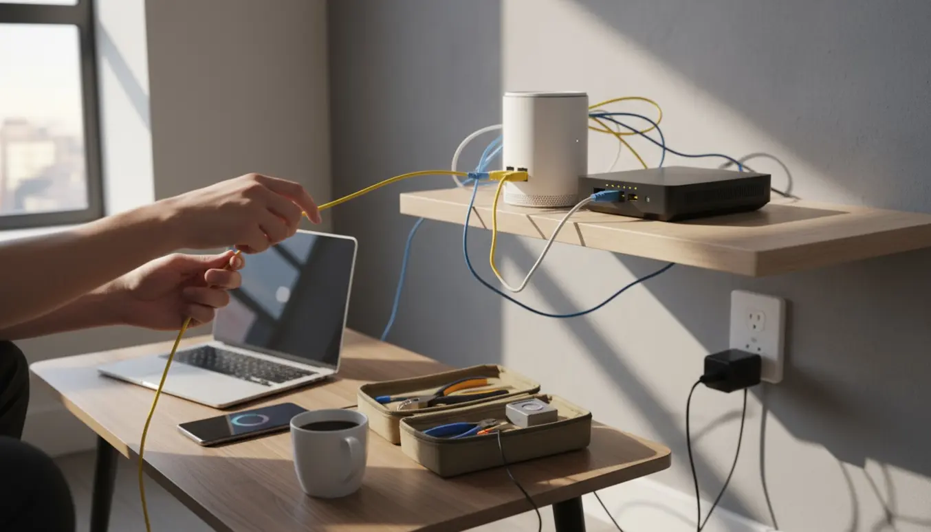 Tekniker fejlsøger en router i en lejlighed med kabler, laptop og værktøj.
