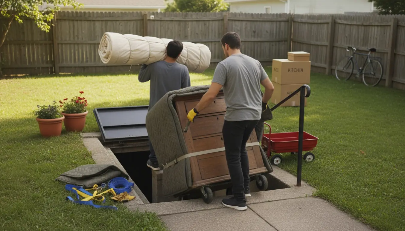 To personer bærer store kældermøbler op ad korte trapper til en solrig baggård.