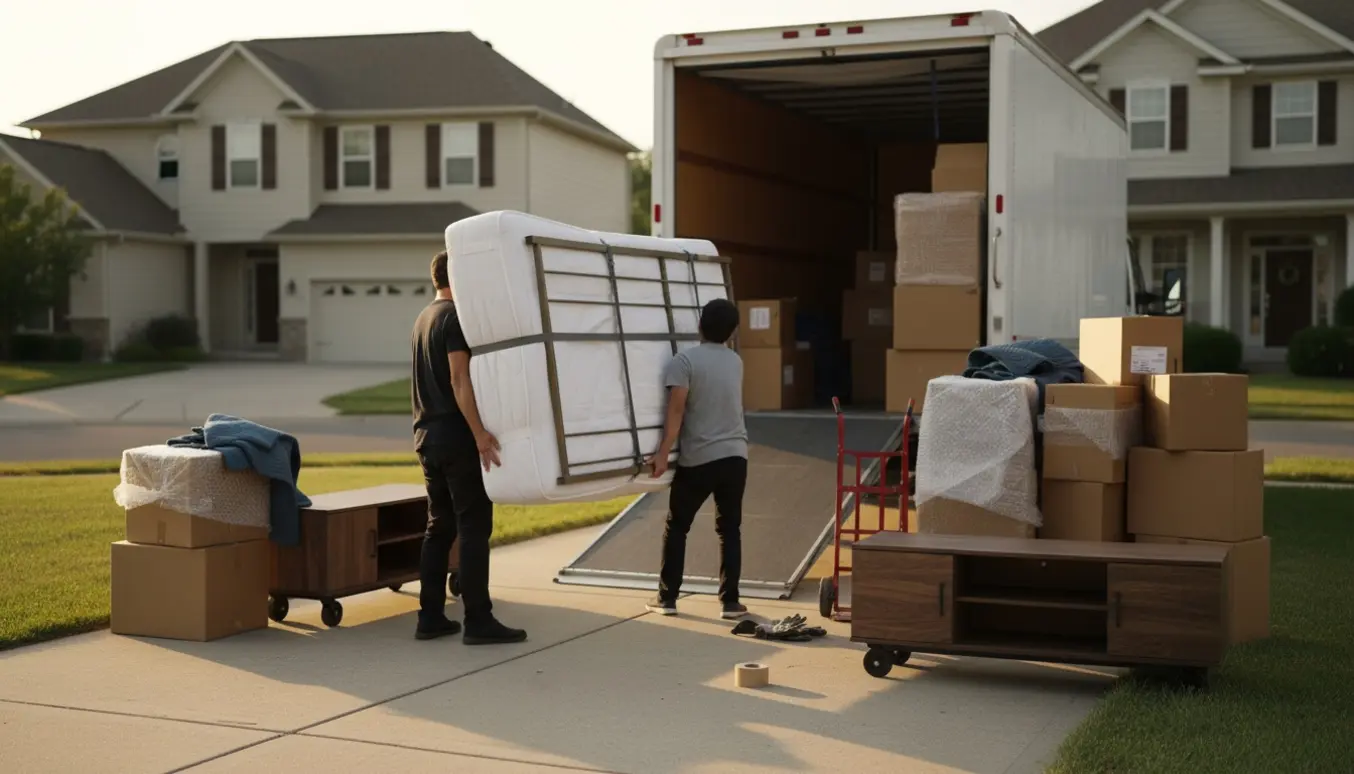 Åben flyttebil i indkørsel med ca. 15–20 kasser, en indpakket madras og små møbler klar til indflytning.