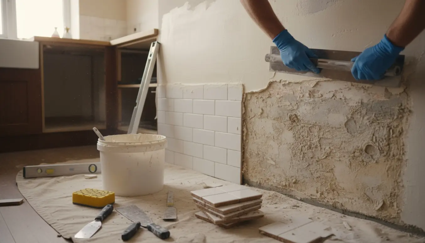 Hænder glatter spartelmasse på en køkkenvæg efter at de sidste fliser er fjernet.