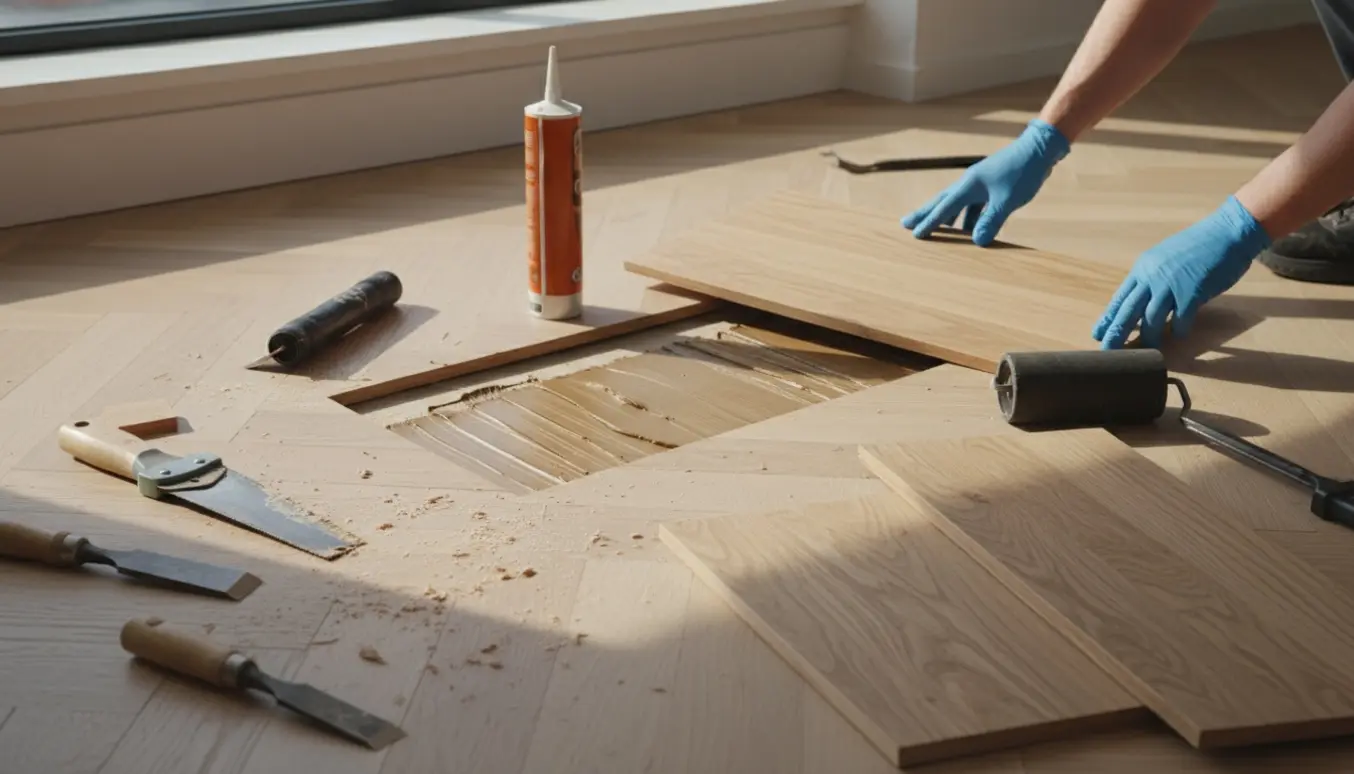 Nærbillede af reparation af et lille vandskadet sildebensgulv med nye planker, lim og værktøj.