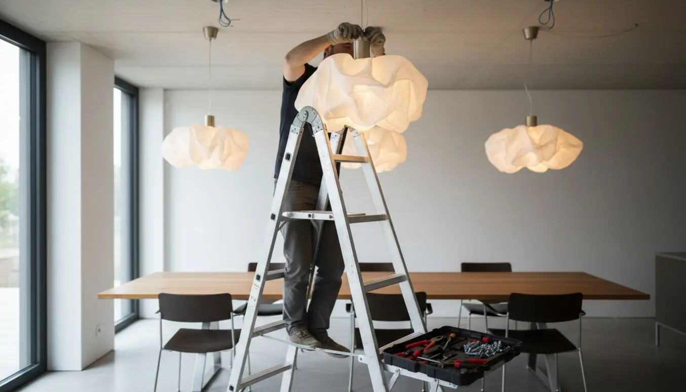 Fire stofpendler monteres i et rum med højt loft, en hånd på en stige fastgør en lampe.