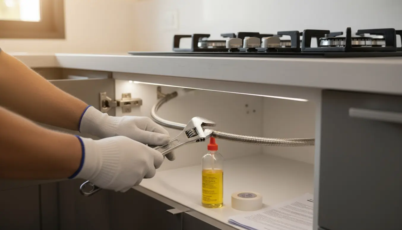 Hænder tilslutter en indbygget gaskogeplade til en eksisterende gasforsyning under et køkkenbord.