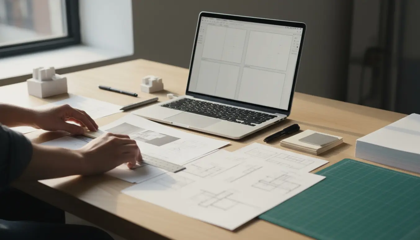 Stilrent skrivebord med en bærbar, trykte A4-layouts, skitser og hænder, der finjusterer en arkitekturportfolio i blødt naturligt lys.
