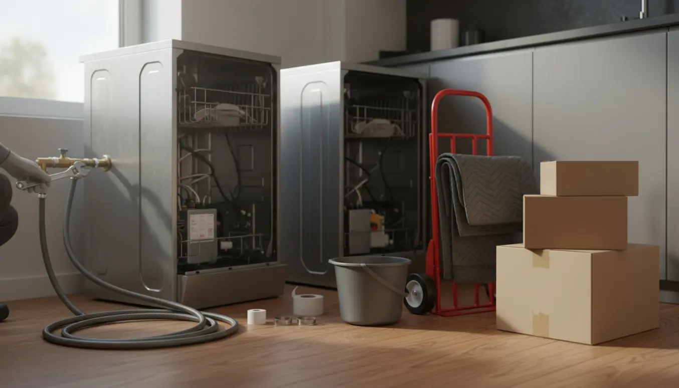 Nærbillede af afmontering af vaskemaskine og opvaskemaskine i et hjemmekøkken med værktøj og flyttekasser.