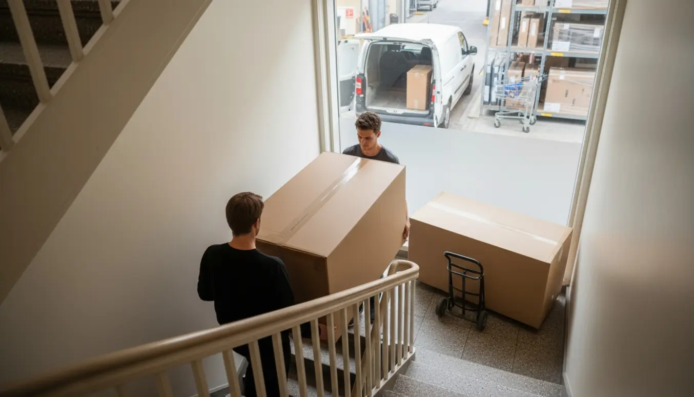 Tre flade bordkasser bæres op ad en trappe til en lejlighed på tredje sal.