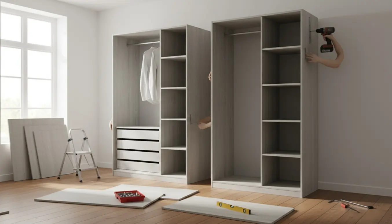 To samlede garderobeskabe med skuffer og hylder, håndværktøj og hænder i arbejde i et lyst, minimalistisk soveværelse.