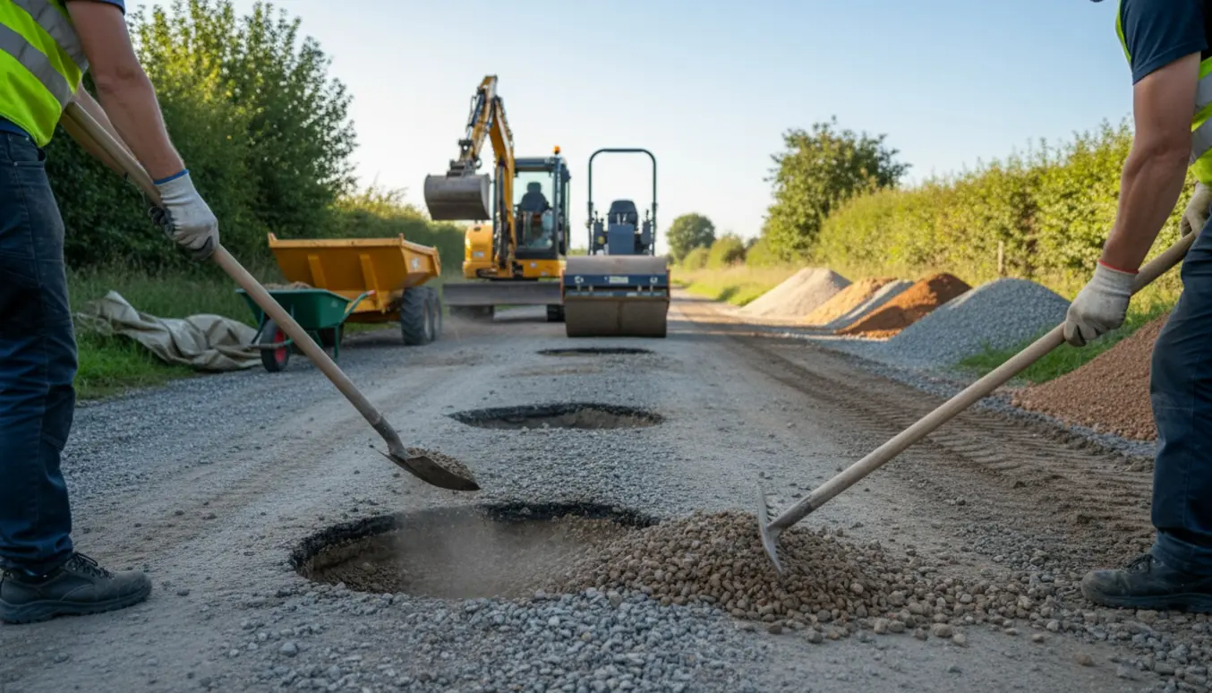 Landlig grusvej under reparation med maskiner, bunker af vejgrus og arbejdere set bagfra.
