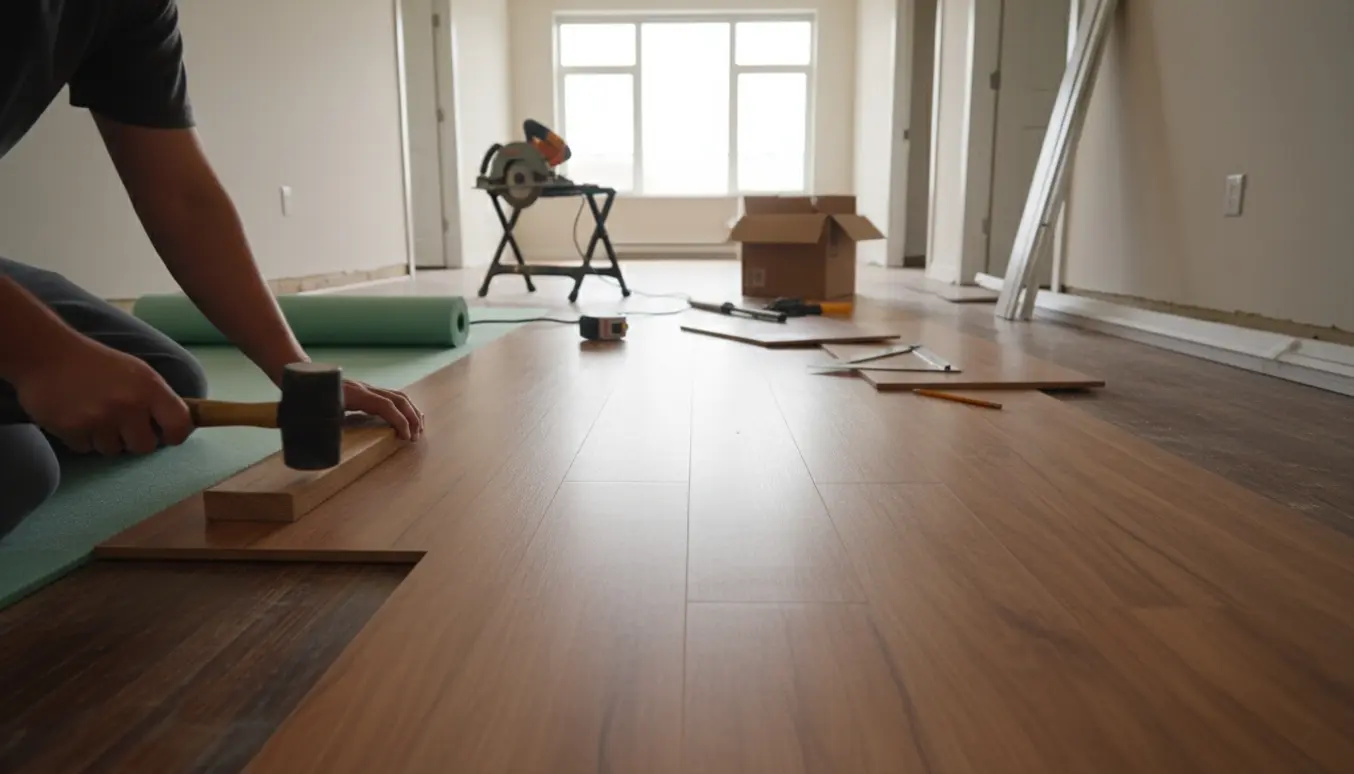 Nærbillede af montering af laminatgulv i tom entre og stue med værktøj og materialer.