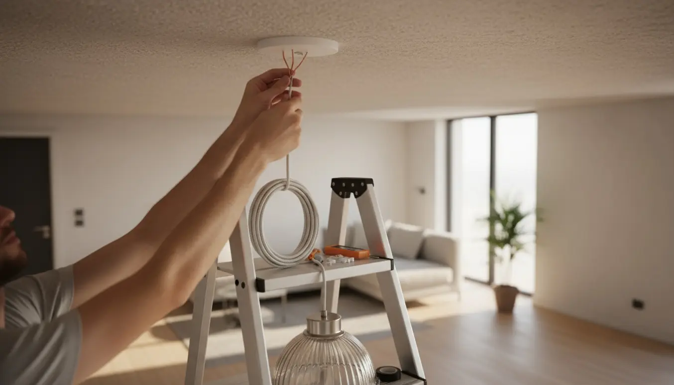 Hænder monterer en loftlampe med ekstra ledning på en stige i et lyst rum.