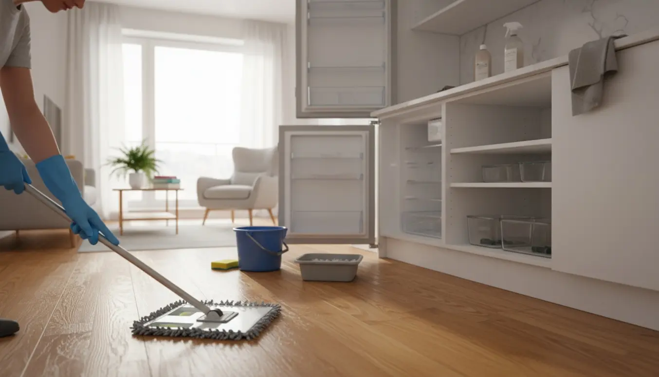 Rengøringsscene i moderne lejlighed med handsker, moppe, åben køleskab og ryddede skabe.