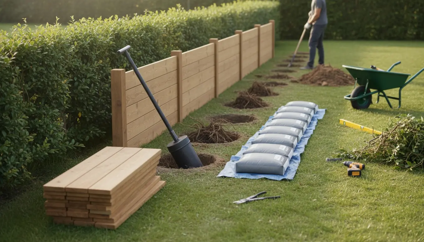 Opsætning af elementhegn ved en nyklippet hæk med moduler, pæle, sække beton og værktøj.