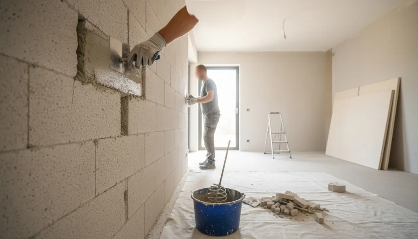 Hænder fylder huller i en gasbeton ydervæg med reparationsmørtel, klar til gipsplader.