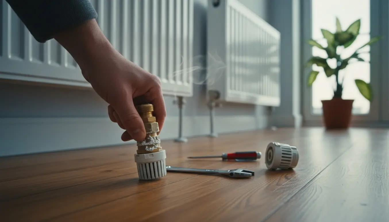 Nærbillede af en hånd, der forsøger at dreje en fast termostatventil på en radiator på 1. sal med værktøj ved siden af.