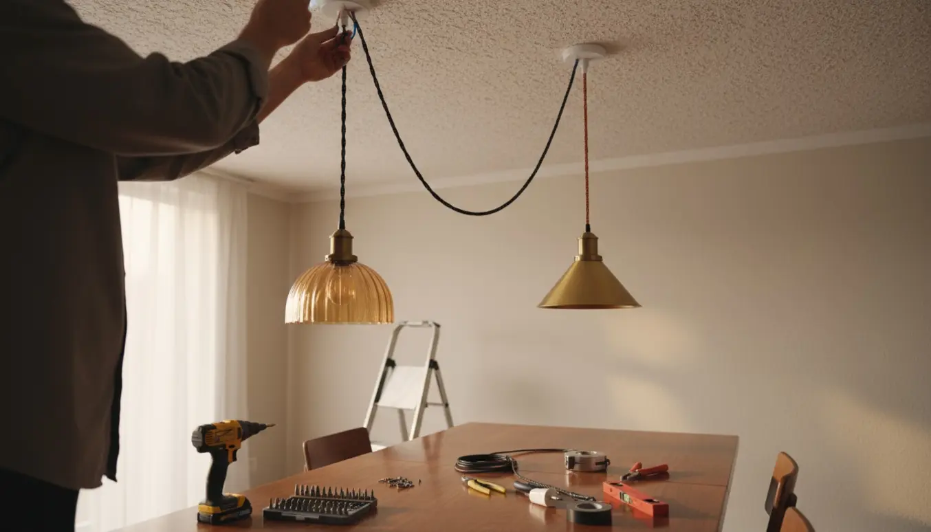Hænder monterer to pendler over et træspisebord i en 1980'er villa med lavt loft.