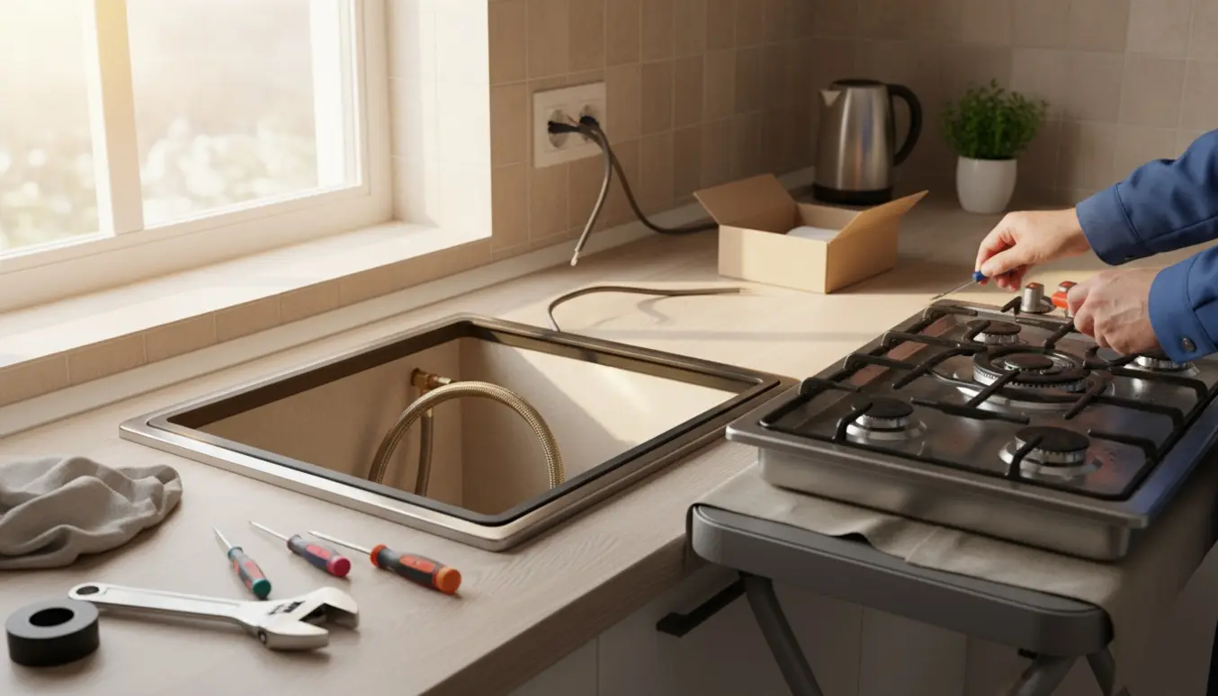 Installatør sætter en ny Ikea gaskogeplade i køkkenbordet mens nyt el-stik monteres.