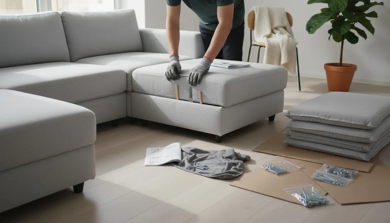 Hænder samler en U-formet Vimle-sofa i en lys, skandinavisk stue med værktøj og puder.