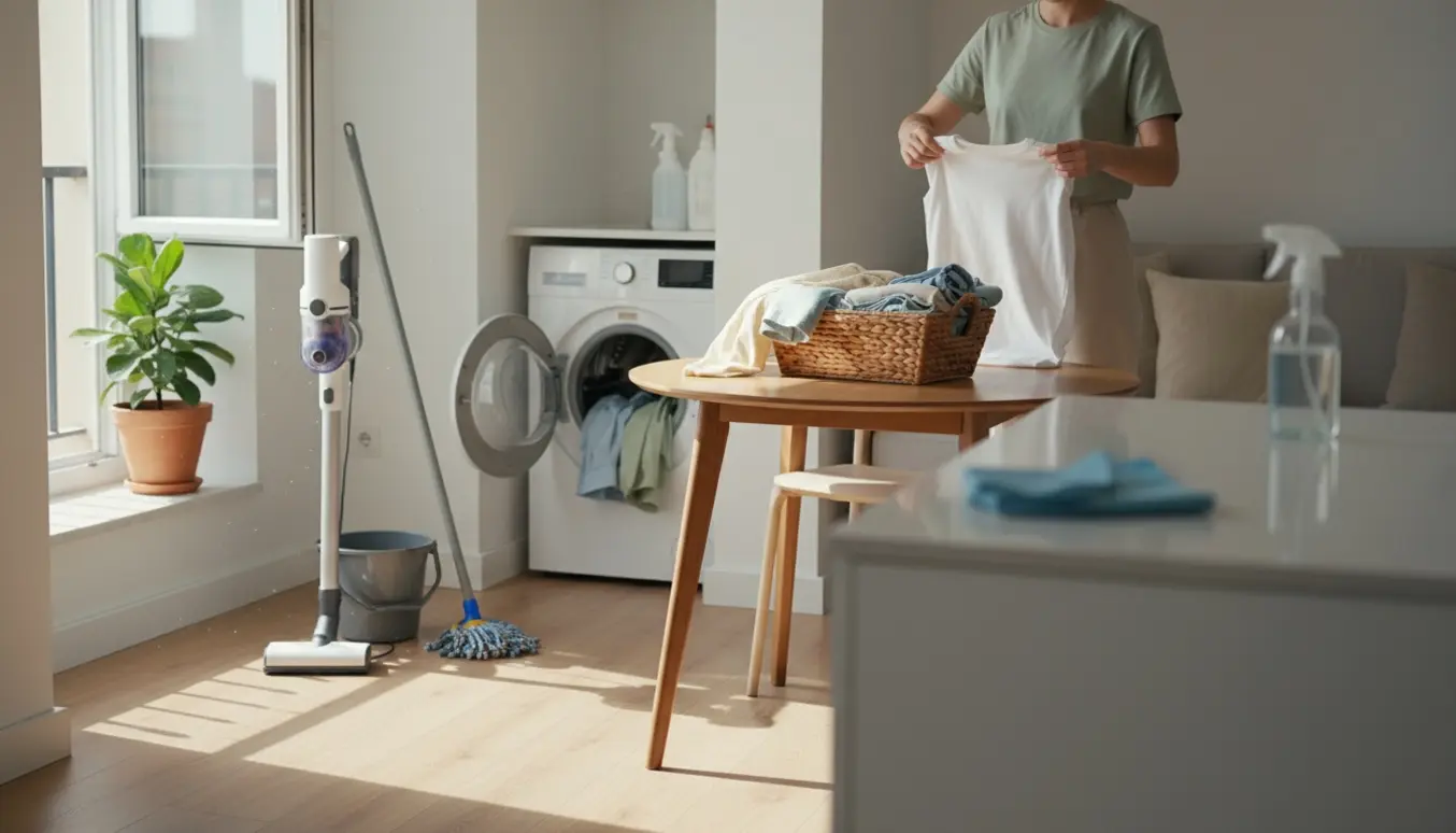 Solbeskinnet, ryddelig lejlighed med rengøringsudstyr, vaskemaskine og en kurv med nyvasket foldet tøj.