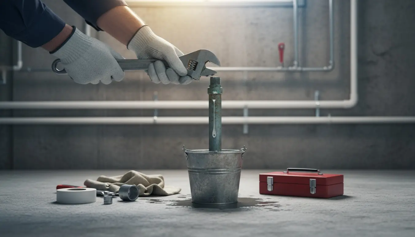 En VVS'er strammer en dryppende rørfittings i en kælder over en spand med værktøj.