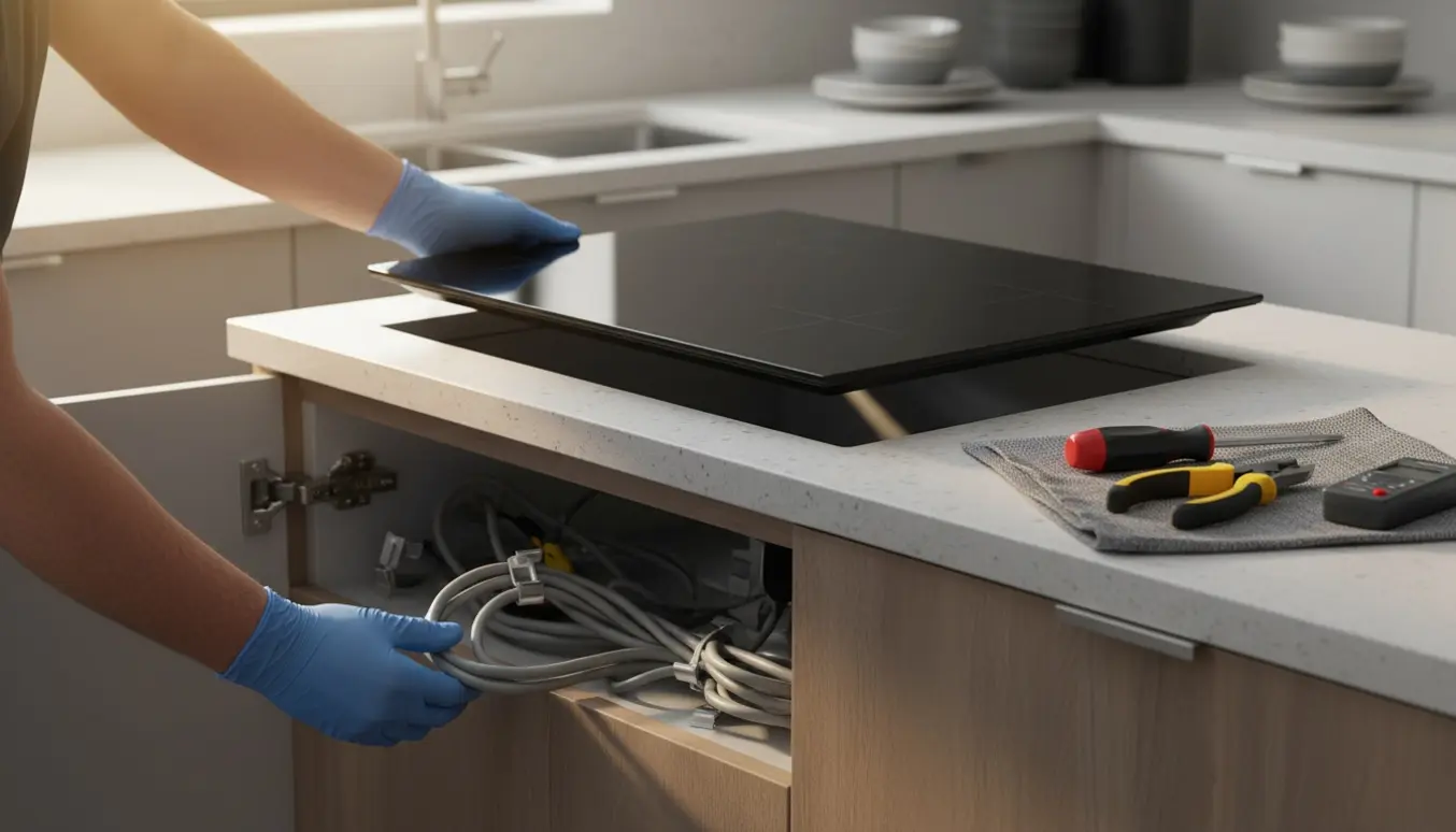 Ny induktionskogeplade monteres i et moderne køkken med værktøj og hænder synlige uden ansigter.
