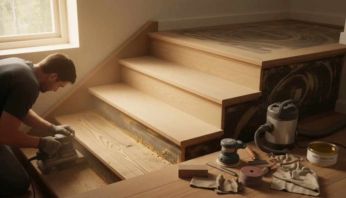 Trætrappe under slibning med elsliber, støvsuger og åben dåse linolie på plateauet.