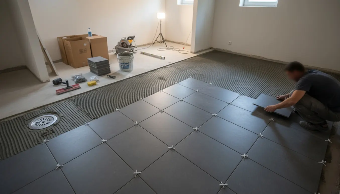 Delvist lagt 60x60 fliser i kældergulv med værktøj og afløb synligt.