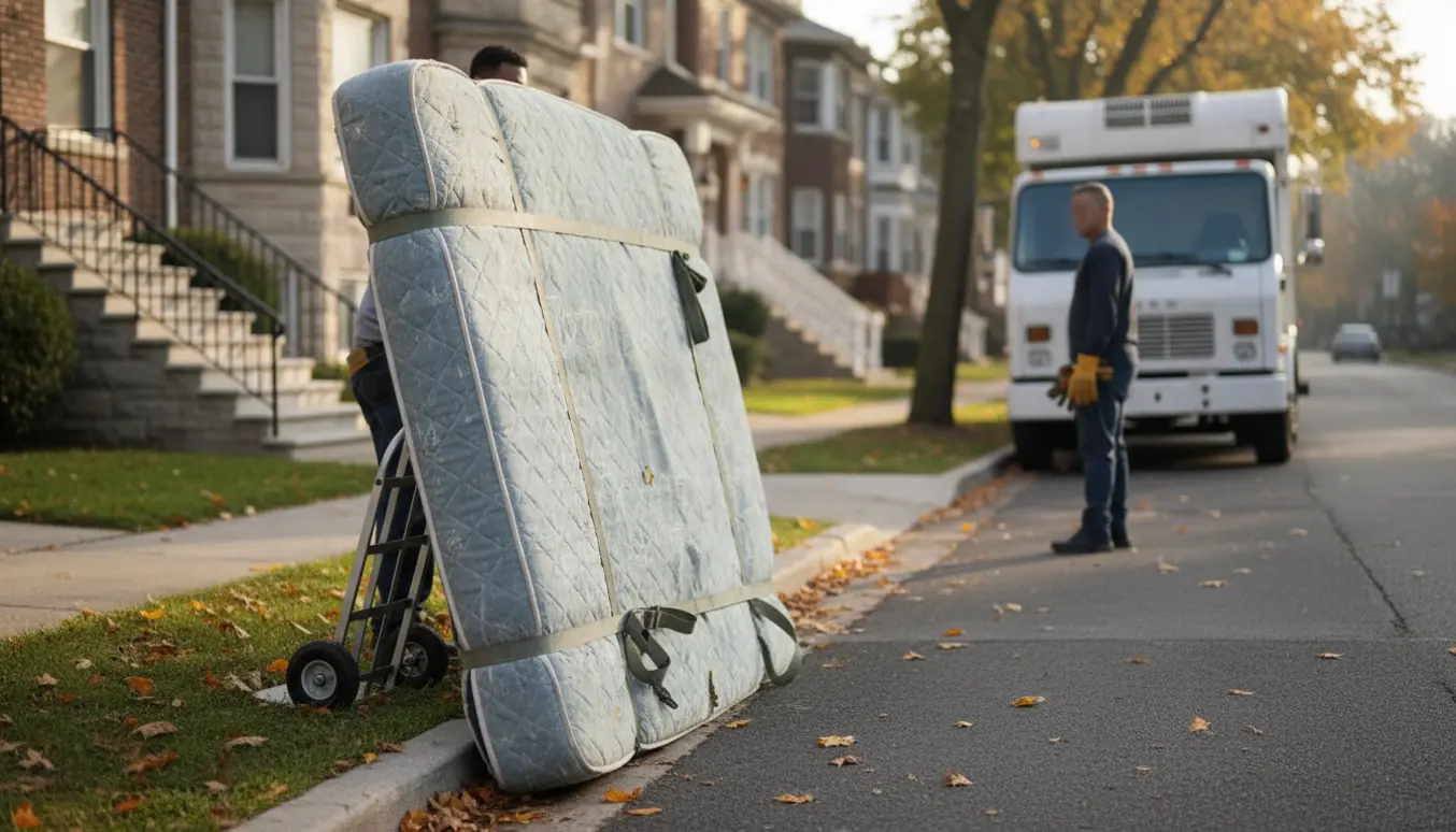 Et boksmadras sat på fortovet klar til afhentning, med personer set bagfra og en lastbil uden logo i baggrunden.